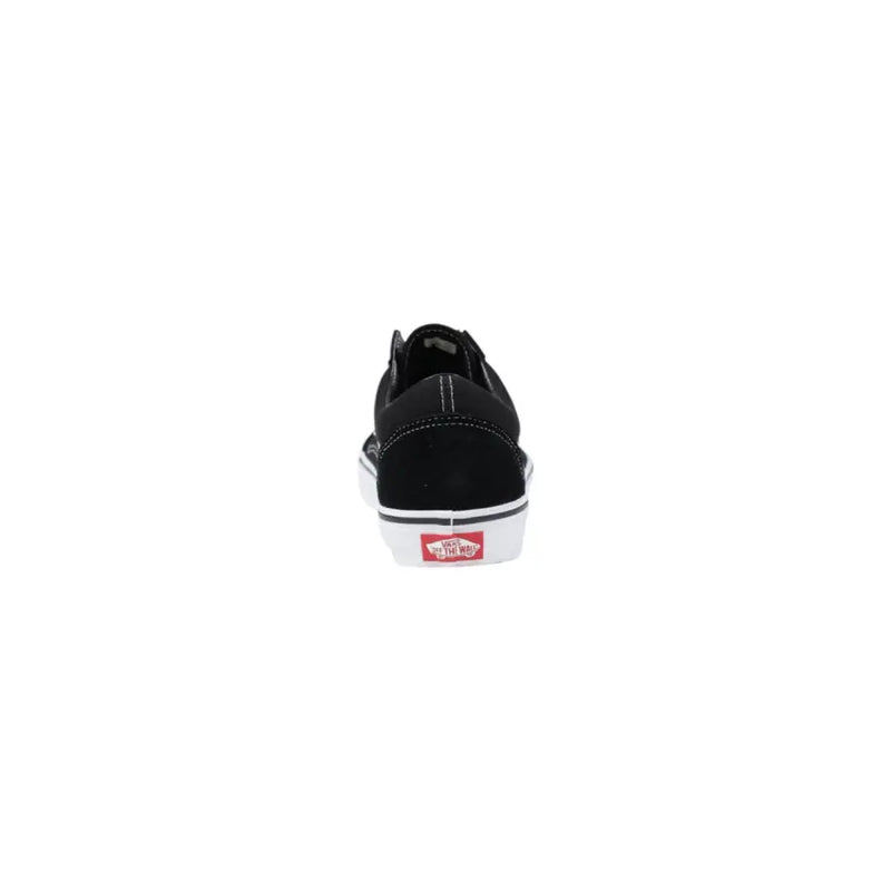 Black suede vans men sneakers old skool skate shoe with white rubber sole and red logo on heel back side view