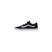 Black suede vans men sneakers with white laces classic side stripe and red logo on the heel back side view