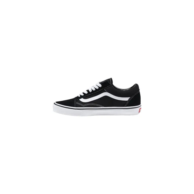 Black suede vans men sneakers with white laces classic side stripe and red logo on the heel back side view