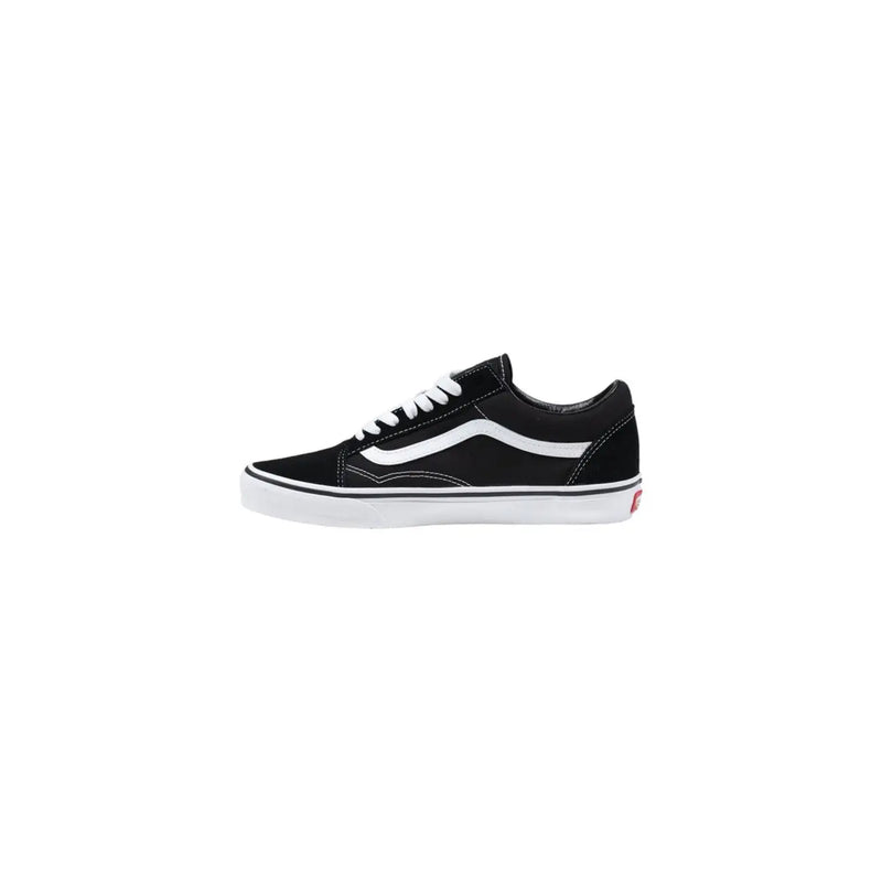 Black suede vans men sneakers with white laces classic side stripe and red logo on the heel back side view