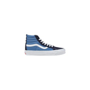 Vans men sneakers blue leather high-top with black accents white laces classic logo stripe and white rubber sole