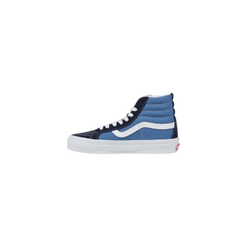Vans men sneakers blue leather high top skate shoe with black accents white laces classic side stripe and rubber sole