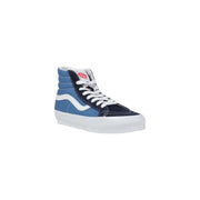Vans men sneakers blue leather high-top with navy accents white laces classic logo and red tongue label rubber sole