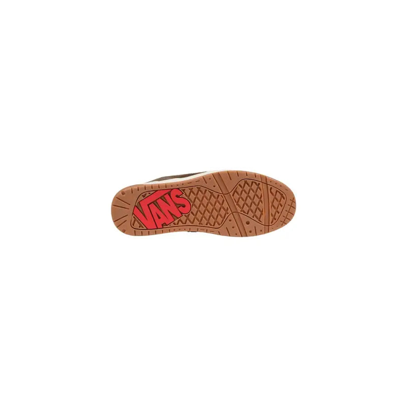 Brown rubber sole with bold red vans logo on the heel of vans men sneakers leather brown spring summer collection back side