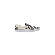 Vans men sneakers white fabric classic shoes vn000eyebww1 showing black and white checkerboard canvas slip-on with red logo heel