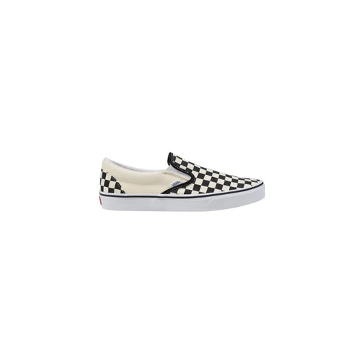 Vans men sneakers white fabric classic shoes vn000eyebww1 showing black and white checkerboard canvas slip-on with red logo heel