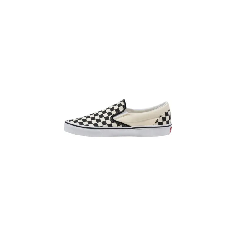 Vans men sneakers white fabric classic slip-on shoes with black and white checkerboard canvas and red logo on heel back view