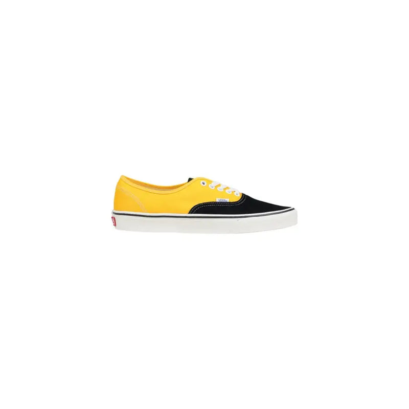 Yellow and black Vans men sneakers with white cotton laces, white rubber sole, and red logo on the heel back side view
