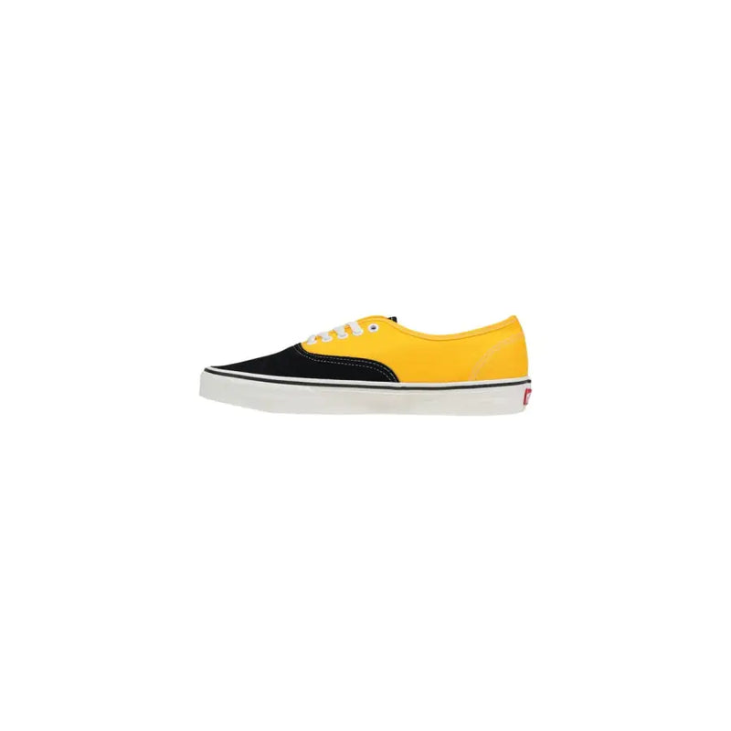 Vans men sneakers yellow and black with white cotton laces and white rubber sole showing back side with red logo