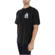 Black cotton vans men t shirt with round neck short sleeves and white flaming skull graphic with off the wall text