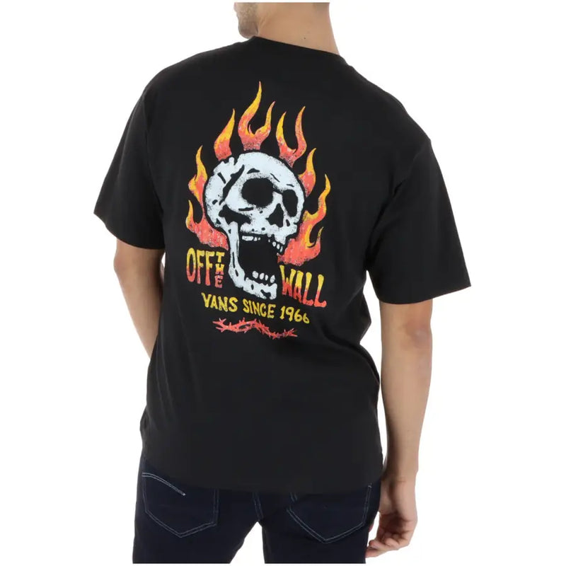 Vans men t shirt black cotton round neck short sleeve featuring white skull with flames and off the wall text