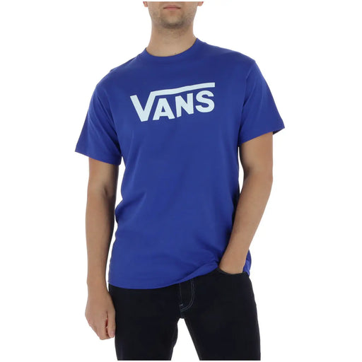 Royal blue Vans men t shirt made of cotton with a round neck short sleeve and bold white logo across the chest