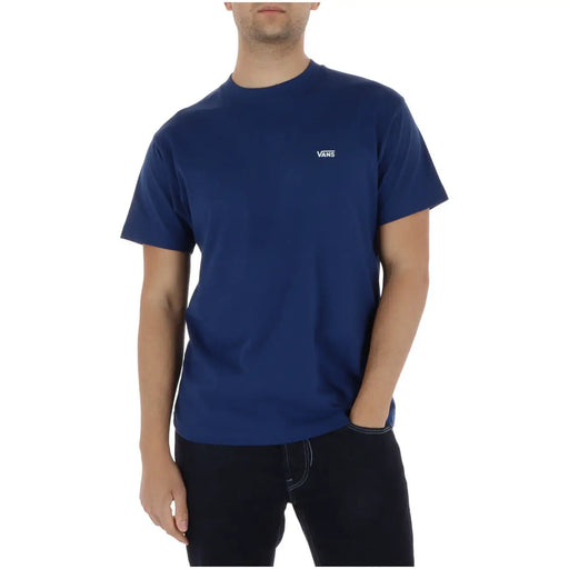 Navy blue vans men t shirt with round neck and small white logo made of 100 percent cotton short sleeves