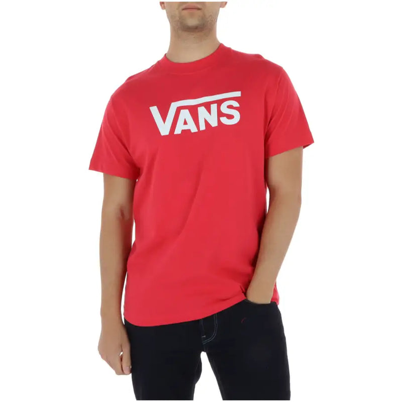 Vans men t shirt coral round neck 100% cotton short sleeve with red logo white lettering and horizontal stripe