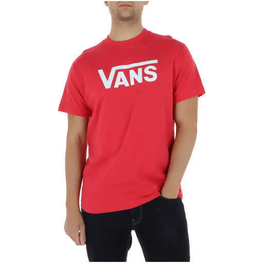Vans men t shirt coral round neck 100% cotton short sleeve with red logo white lettering and horizontal stripe