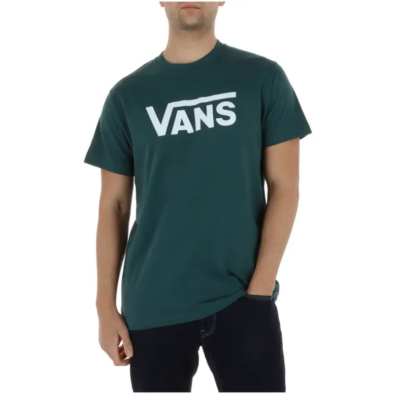 Dark green vans men t shirt made of cotton with white logo print round neck and short sleeves
