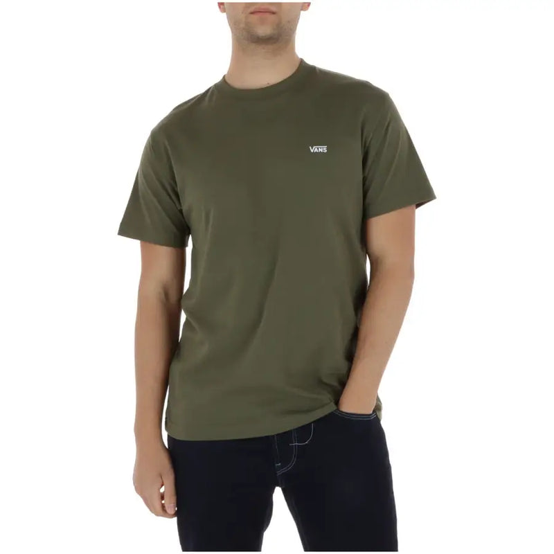 Olive green vans men t shirt with small white logo left chest round neck 100 percent cotton short sleeve