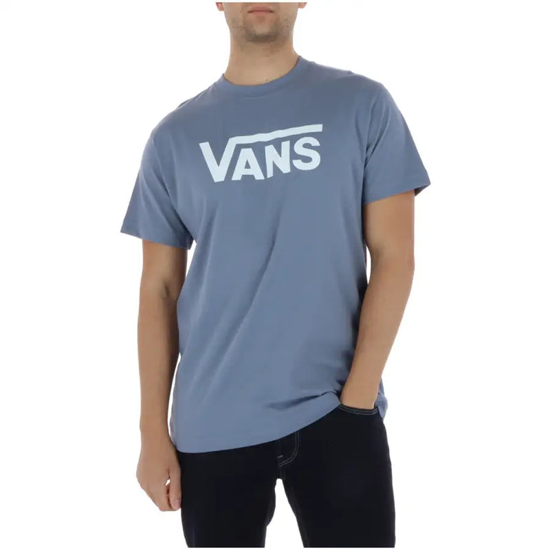Vans men t shirt light blue short sleeve cotton with a white logo on the front