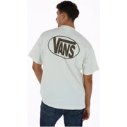 Vans men white cotton t shirt round neck showing back with black oval Vans logo on the back side