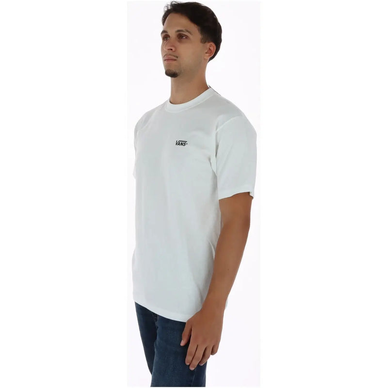 Vans men white cotton t shirt with short sleeves and a small black logo on the left chest in round neck design