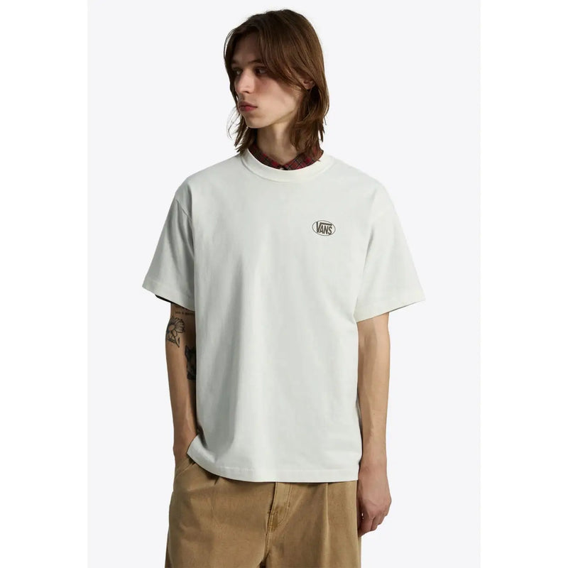 Off-white Vans men white cotton short-sleeve t shirt with round neck and small black logo on the left chest