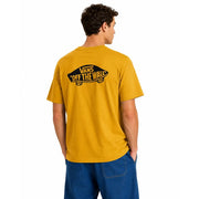 Vans men yellow cotton t shirt with round neck featuring mustard yellow off the wall logo on the front