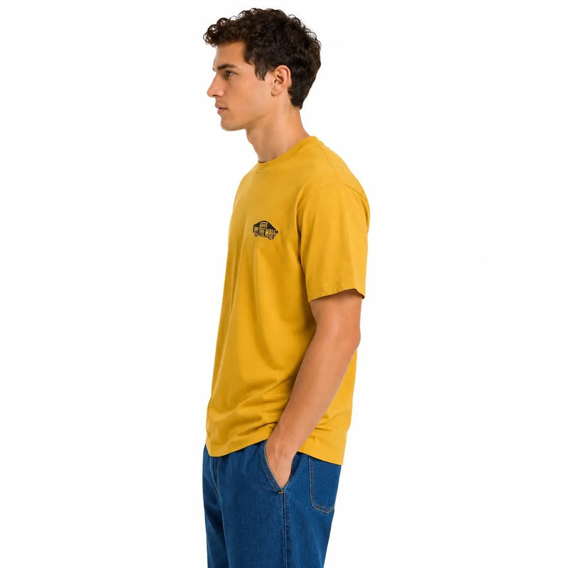 Mustard yellow cotton short-sleeved Vans men t shirt with round neck and small black logo on left chest front