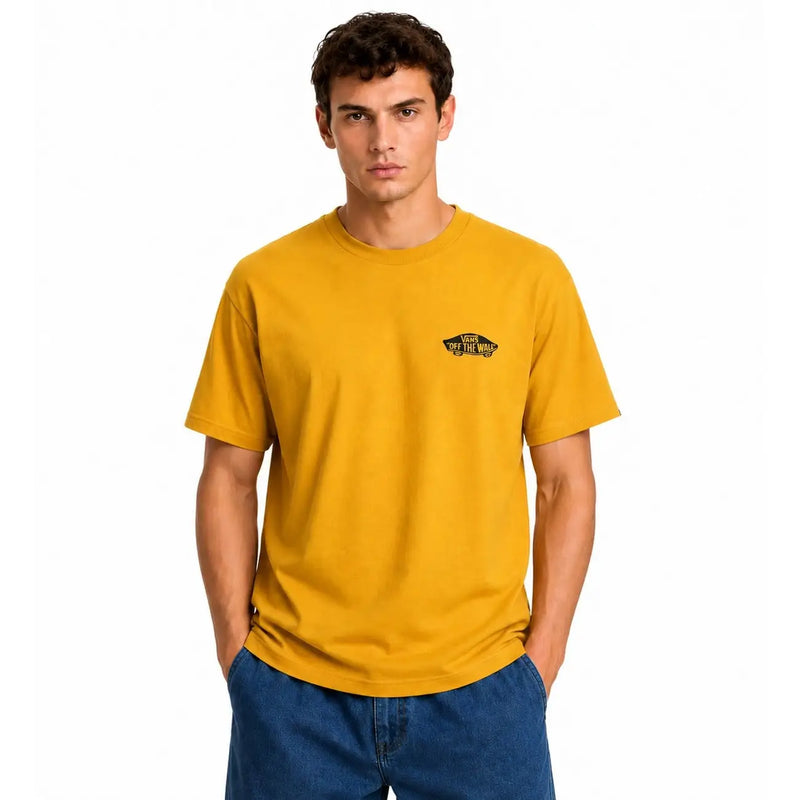 Vans men yellow cotton t shirt with round neck featuring mustard yellow Vans off the wall logo tee design