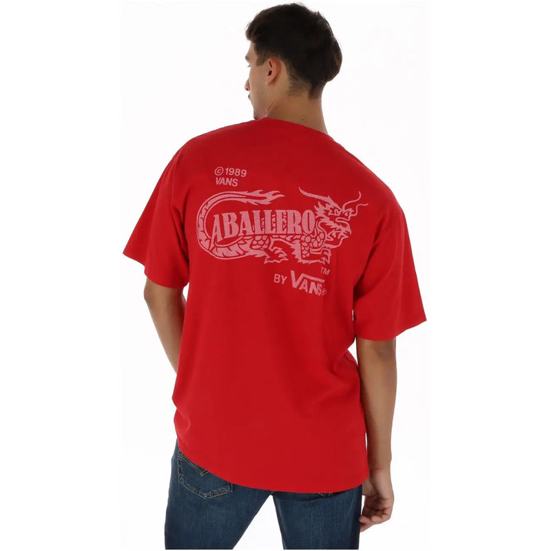 Red Vans mens cotton t shirt with round neck featuring an Aballero dragon graphic in vibrant red color