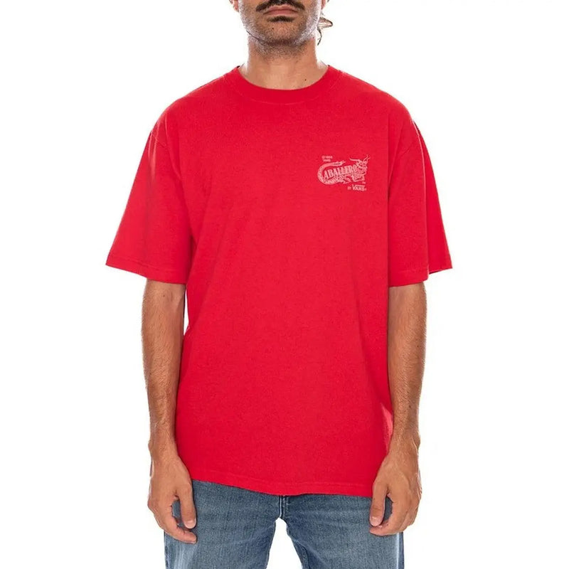 Vans mens cotton t shirt in red featuring a round neck and small embroidered logo on the left chest