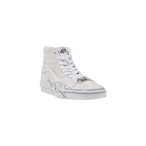 White high-top sneaker with flame design and lace-up closure.