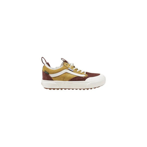 Vans Damen-Sneaker aus kamelfarbenem Leder mit senfgelben und braunen Wildleder-Oberteilen und weißer Gummisohle
