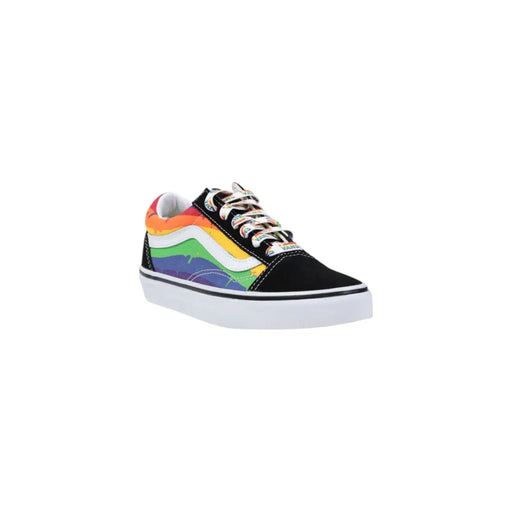 Schwarze Vans Damen-Sneaker aus Canvas mit leuchtendem Regenbogen-Farbverlauf an der Seite und mehrfarbigen Schnürsenkeln – sportlicher Slipper