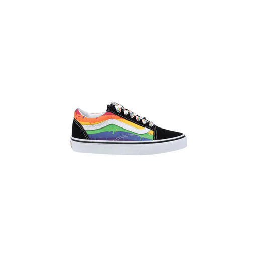 Schwarze Vans Damen-Sneaker aus Stoff mit leuchtenden Regenbogenfarbspritzern an Seite und Ferse, weißen Schnürsenkeln und klassischer Sohle