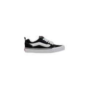 Vans women leather sneakers black laced fall shoes featuring classic black and white canvas upper with rubber sole and side stripe