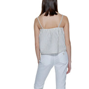 Vero Moda beige pinstripe tank top for women featuring a white and navy blue vertically striped sleeveless design with thin straps