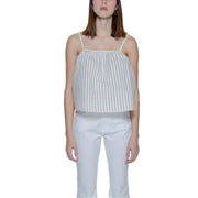 Vero moda beige pinstripe tank top for women featuring a white and navy blue vertically striped sleeveless design with thin straps