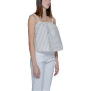 Vero moda beige pinstripe tank top for women featuring white and black vertically striped off-the-shoulder camisole design with thin straps
