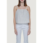 Vero Moda beige pinstripe sleeveless tank top for women with white and black vertical stripes and thin straps