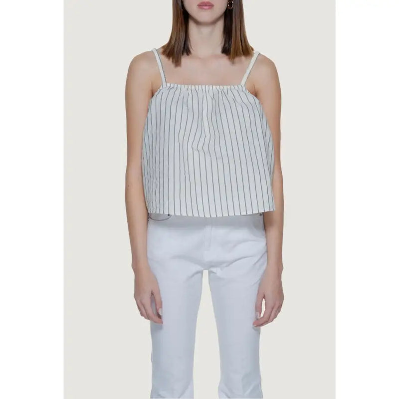Vero Moda beige pinstripe sleeveless tank top for women with white and black vertical stripes and thin straps