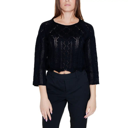 Vero Moda black cropped knit sweater with three quarter sleeves and diamond pattern lace in cotton acrylic blend