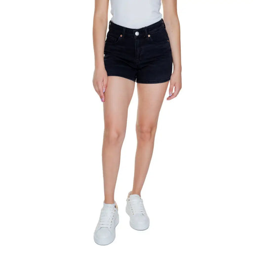 Vero moda black cotton high-waisted denim shorts with five-pocket design and silver-toned hardware
