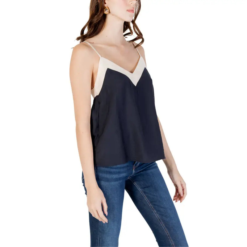 Navy blue and cream sleeveless v-neck top made of lightweight viscose nylon by Vero Moda for women