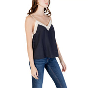 Navy blue and cream sleeveless v-neck top made of lightweight viscose nylon by Vero Moda for women
