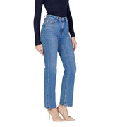 Vero Moda blue women’s high-rise straight-leg denim jeans in medium-wash with classic stitching and faded look