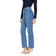 Vero Moda blue women’s high-waisted straight-leg denim jeans in medium wash with classic stitching and belt loops