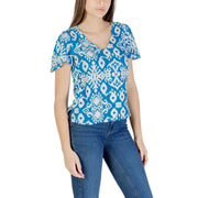 Vero Moda light blue printed viscose short sleeve blouse with blue and white pattern and v-neckline