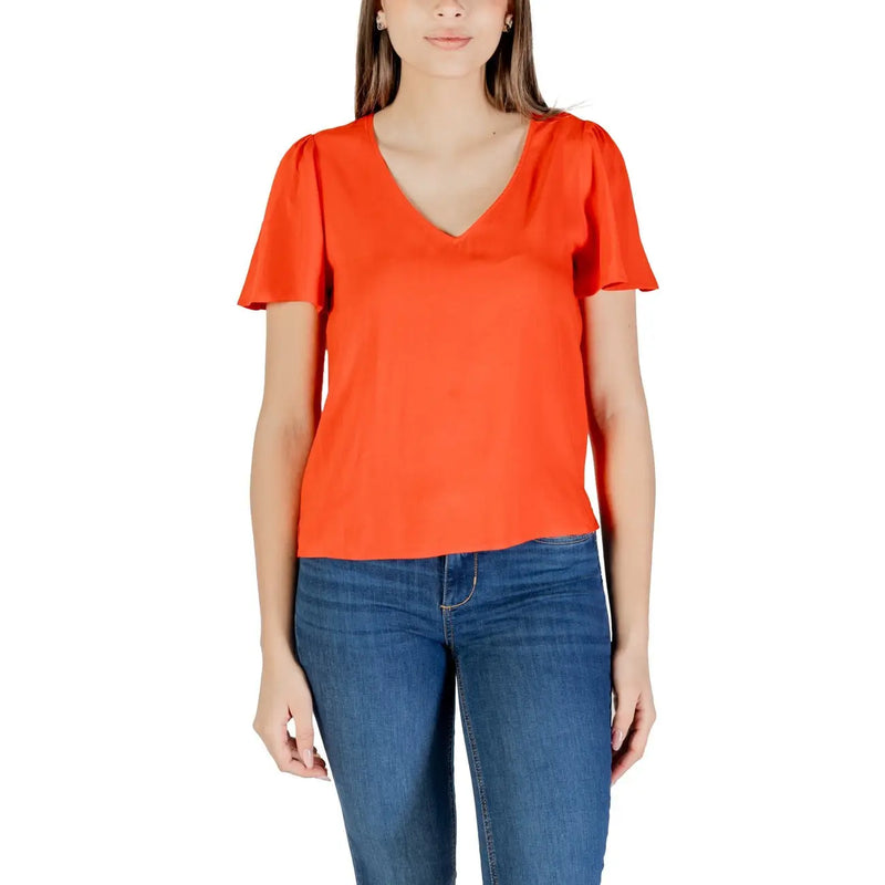 Vero Moda vibrant orange v-neck blouse with puffed sleeves