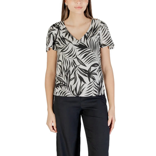 Vero Moda light blue printed viscose short sleeve blouse with tropical leaf print
