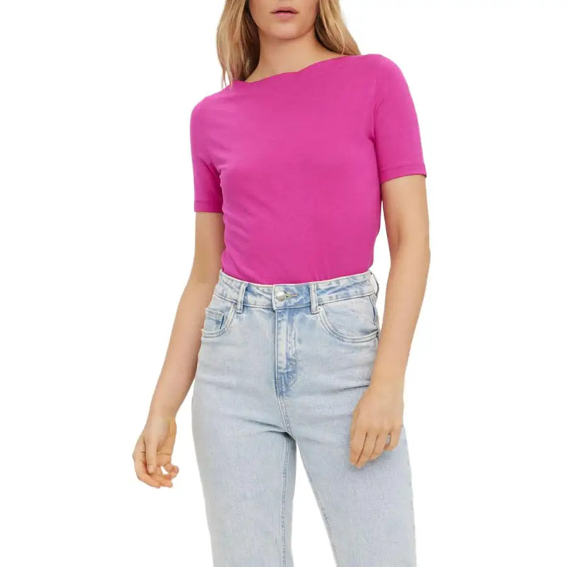 Vero Moda pink viscose crop top with round neck fitted silhouette and vibrant fuchsia short sleeves